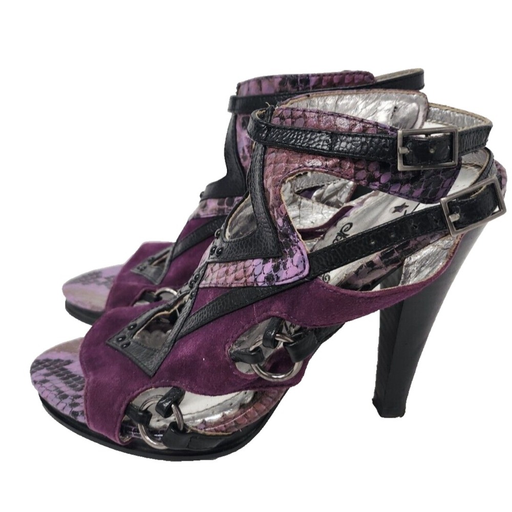 VTG Y2K Naughty Monkey Women Lea Heels 7.5 Purple Black Snake Skin Strappy